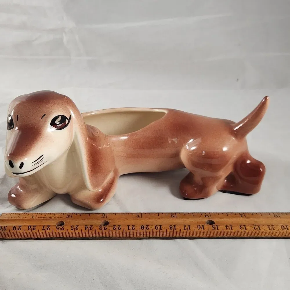 Vtg Mid Century Brown Porcelain Dachshund Planter Dog MCM Ceramic 8